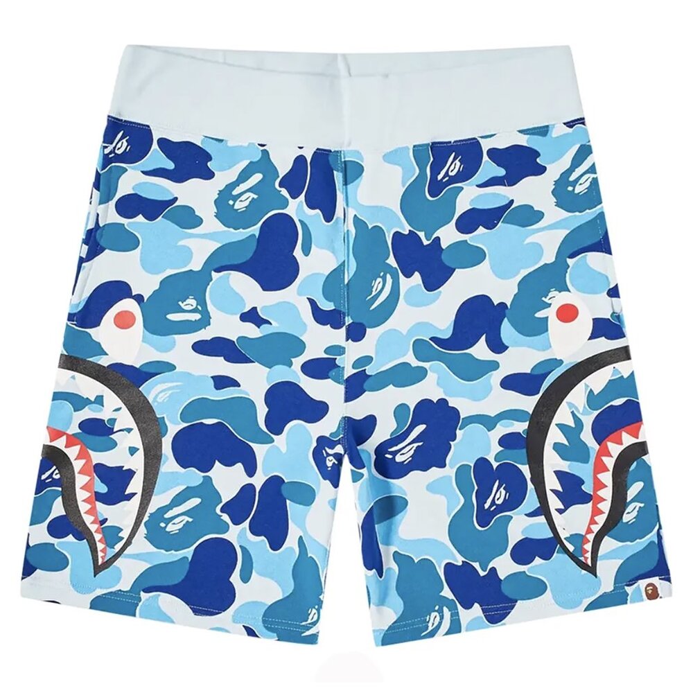 BAPE Big ABC Camo Slide Shark Sweat Shorts Blue | A Bathing Ape